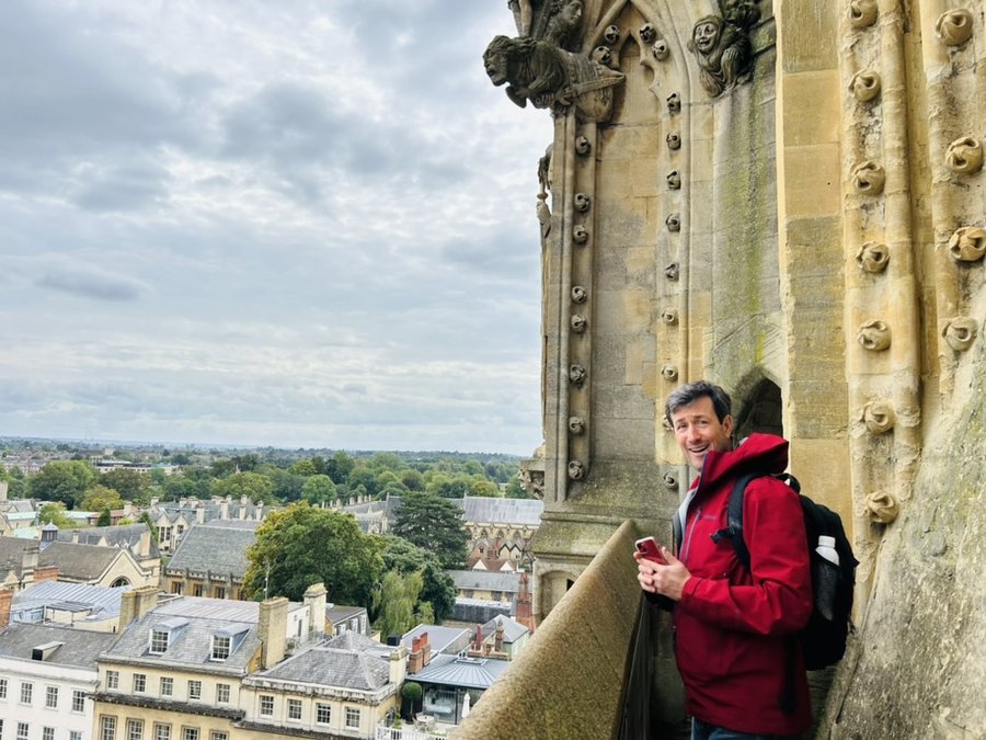 Steve Rossen overlooking Oxford from a cathedral tower